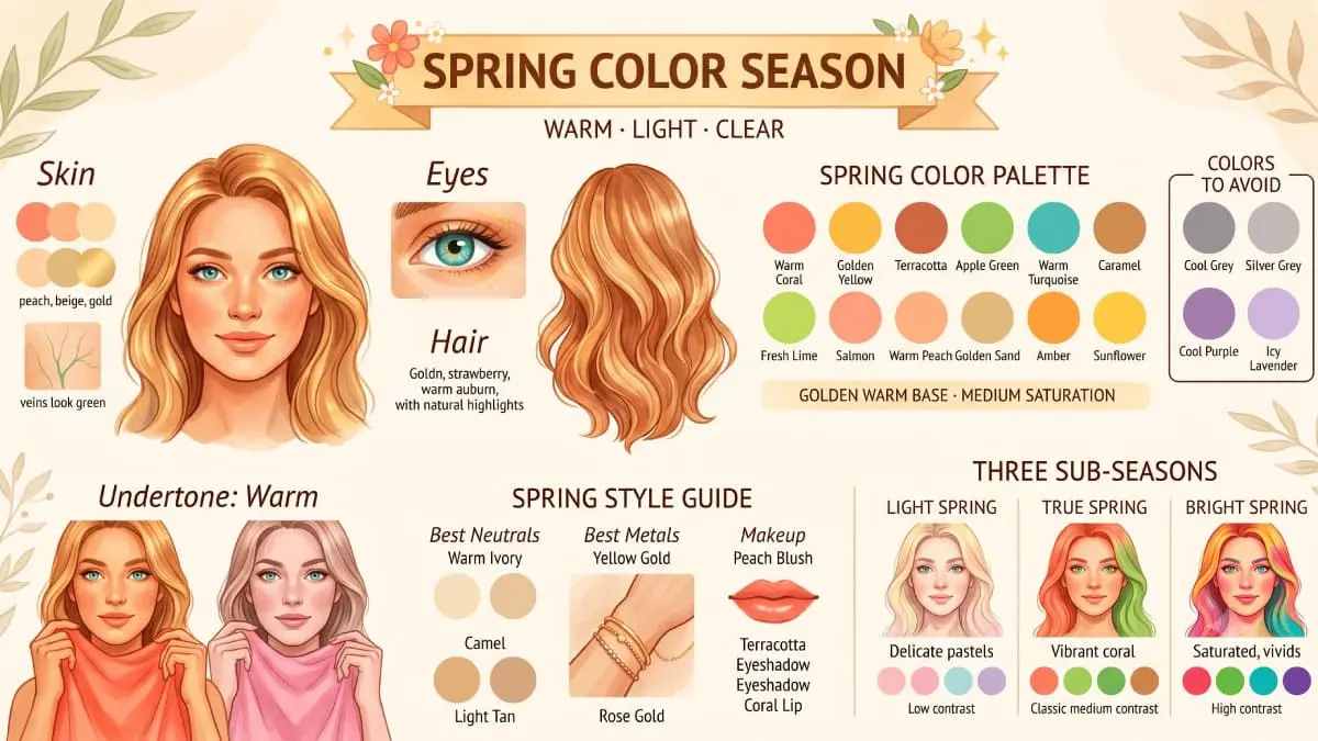 Spring color season infographic showing skin, eye and hair traits, the full Spring color palette with warm corals, golden yellows and apple greens, Spring style guide, and the three sub-seasons: Light Spring, True Spring and Bright Spring