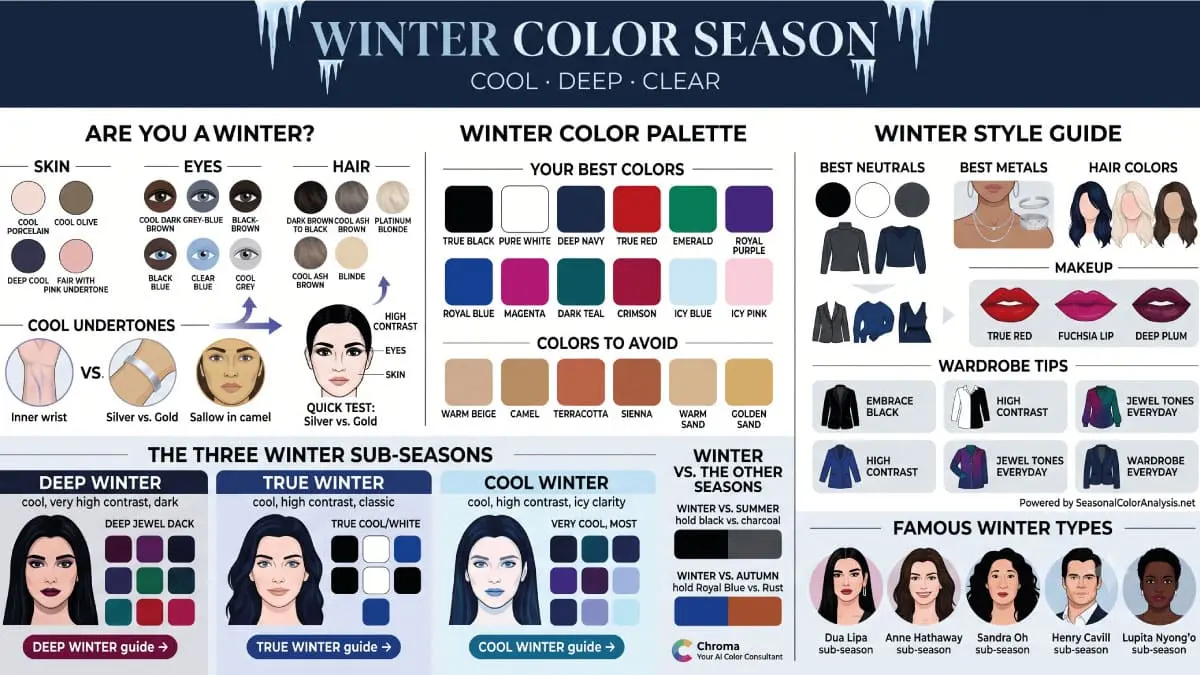 Winter color season infographic showing cool skin undertones, dark hair and striking eyes, the full Winter color palette with jewel tones and true black, Winter style guide with silver metals and bold lip colors, and the three sub-seasons: Deep Winter, True Winter and Cool Winter