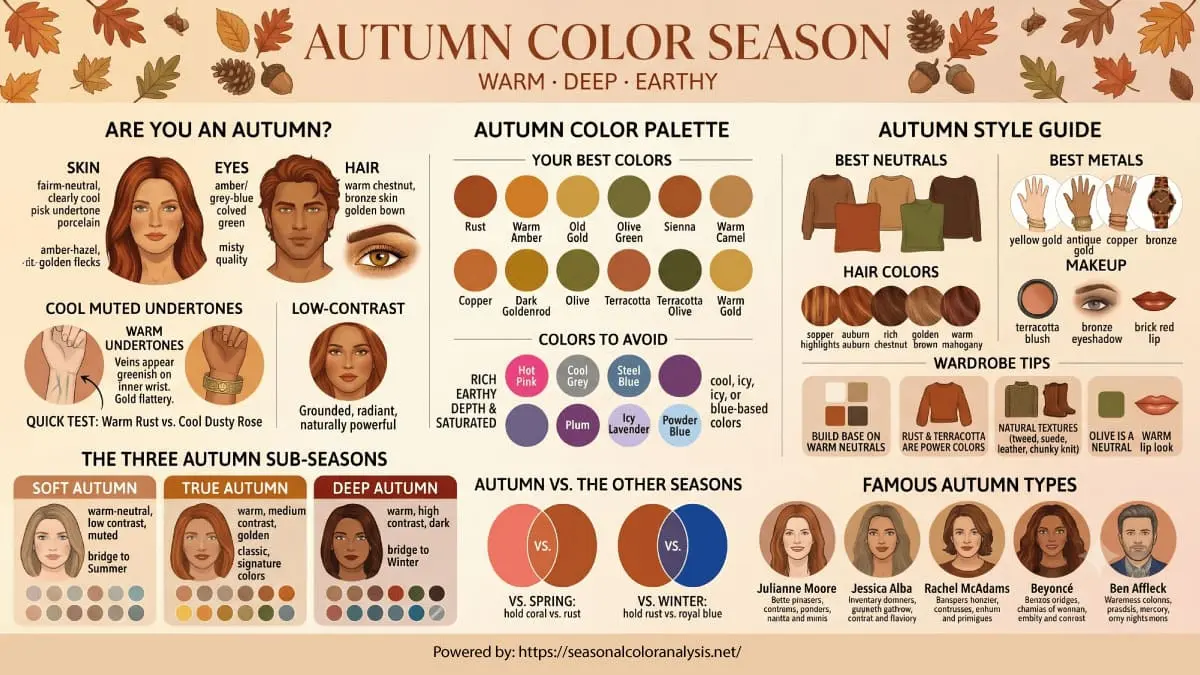 Autumn color season infographic showing warm golden skin undertones, copper and auburn hair, earthy hazel eyes, the full Autumn color palette with rust, olive, mustard and warm brown, Autumn style guide with gold metals and terracotta makeup, and the three sub-seasons: Soft Autumn, True Autumn and Deep Autumn