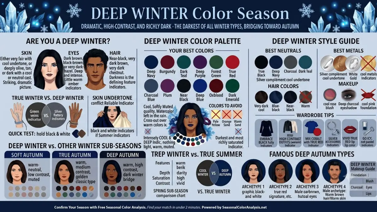Deep Winter color season infographic showing cool very dark skin or fair cool skin with dramatic contrast, near-black cool hair, intense dark eyes, the Deep Winter palette with deep navy, burgundy, forest green and oxblood, and style guide