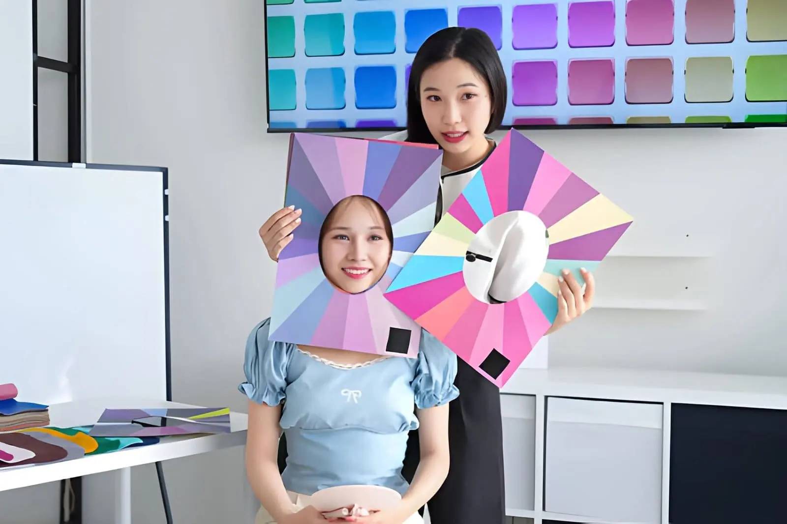 Color analysis consultant holding a seasonal color wheel next to a client during a professional draping session