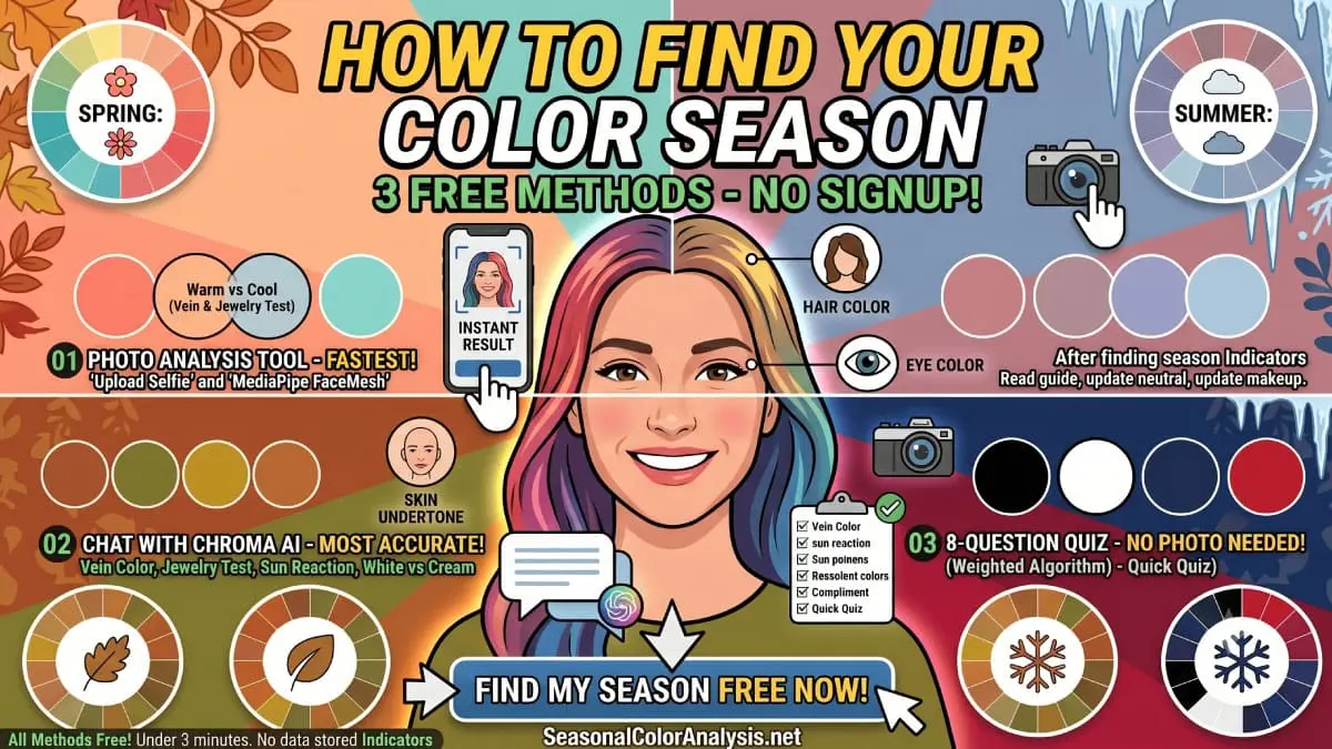 Infographic showing how to find your color season using three free methods. It details photo analysis using a selfie, a chat with Chroma AI analyzing skin undertone, and an 8-question quiz. An illustrated woman's portrait highlights hair color, eye color, and vein color indicators alongside color palettes for Spring, Summer, Autumn, and Winter, with a Find My Season Free Now! button pointing to SeasonalColorAnalysis.net.