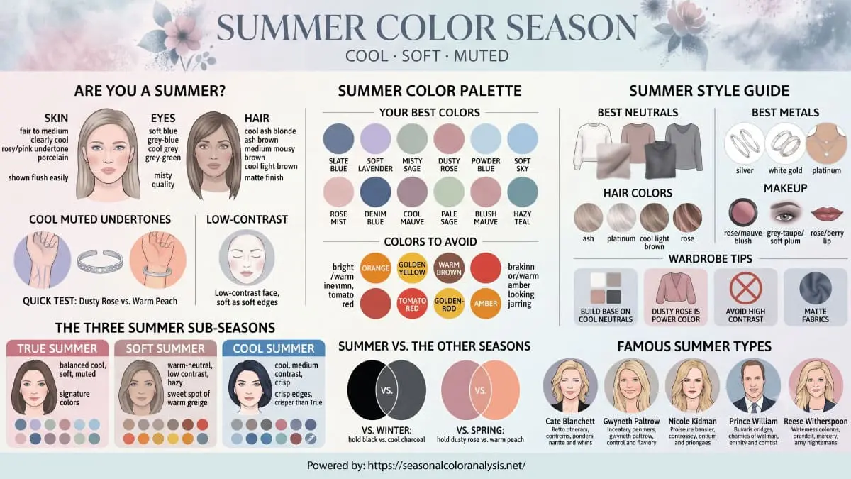 Summer color season infographic showing cool skin undertones, ash blonde hair and soft eyes, the full Summer color palette with dusty rose, lavender and powder blue, Summer style guide with silver metals and rose makeup, and the three sub-seasons: True Summer, Soft Summer and Cool Summer