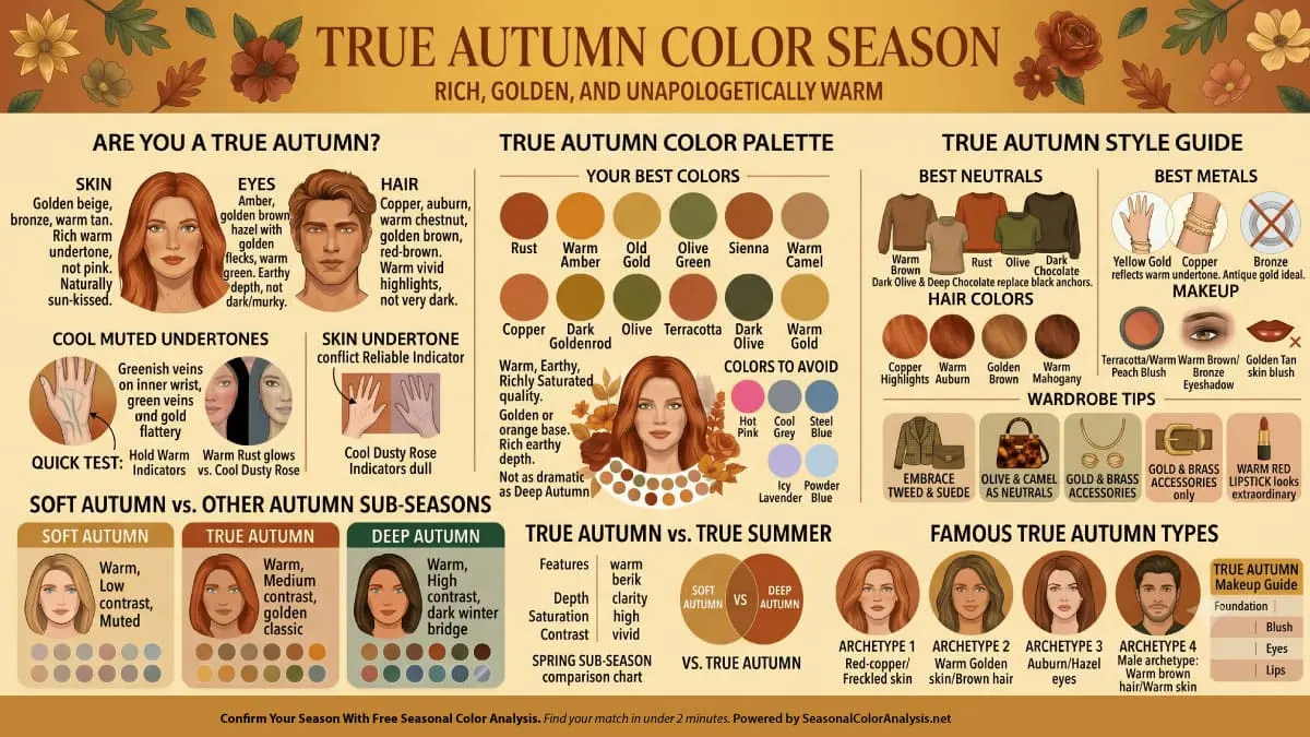 True Autumn color season infographic showing golden warm skin, copper and auburn hair, amber eyes, the rich True Autumn palette with rust, olive, warm gold and terracotta, and style guide with gold metals and brick red makeup