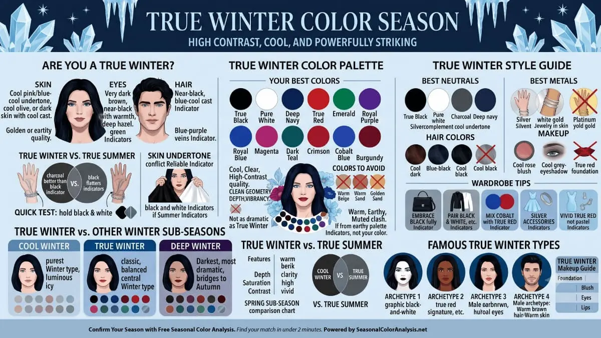 True Winter color season infographic showing cool skin undertones, dark near-black hair, striking cool eyes, the True Winter palette with black, white, royal blue, true red and jewel tones, and style guide with silver metals and bold red lip