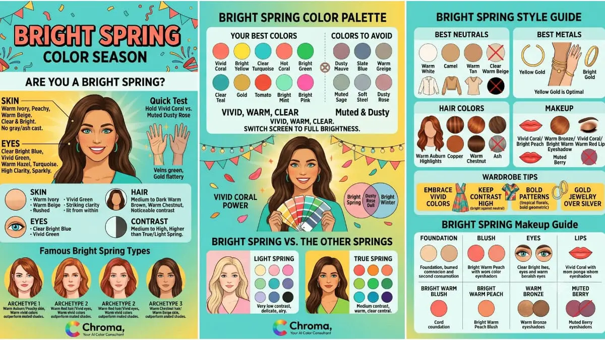 Bright Spring color season infographic showing warm skin with high contrast features, the vivid warm Bright Spring color palette with coral, turquoise and bright yellow, style guide and comparison with True Spring and Light Spring