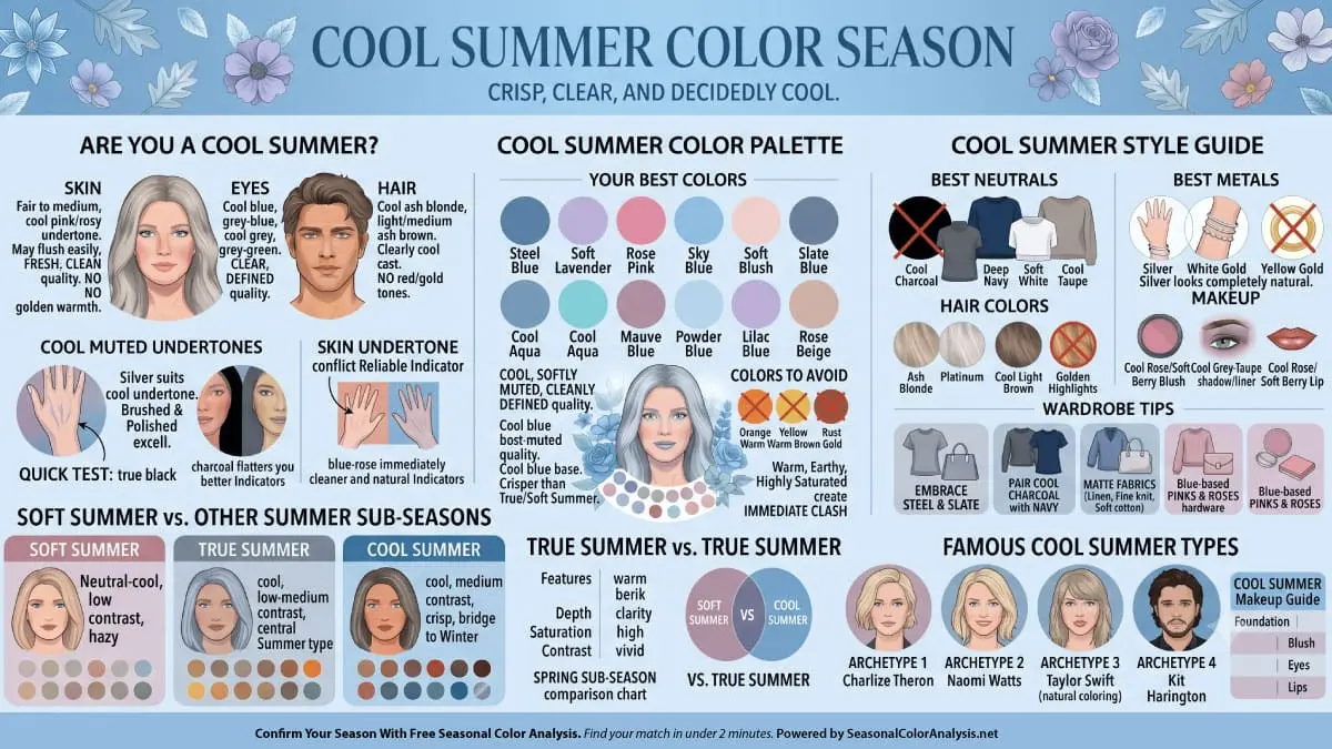Cool Summer color season infographic showing cool pink skin undertones, ash blonde hair, clear cool blue eyes, the Cool Summer color palette with periwinkle, lavender and soft blue-rose, and style guide with silver jewelry and rose makeup