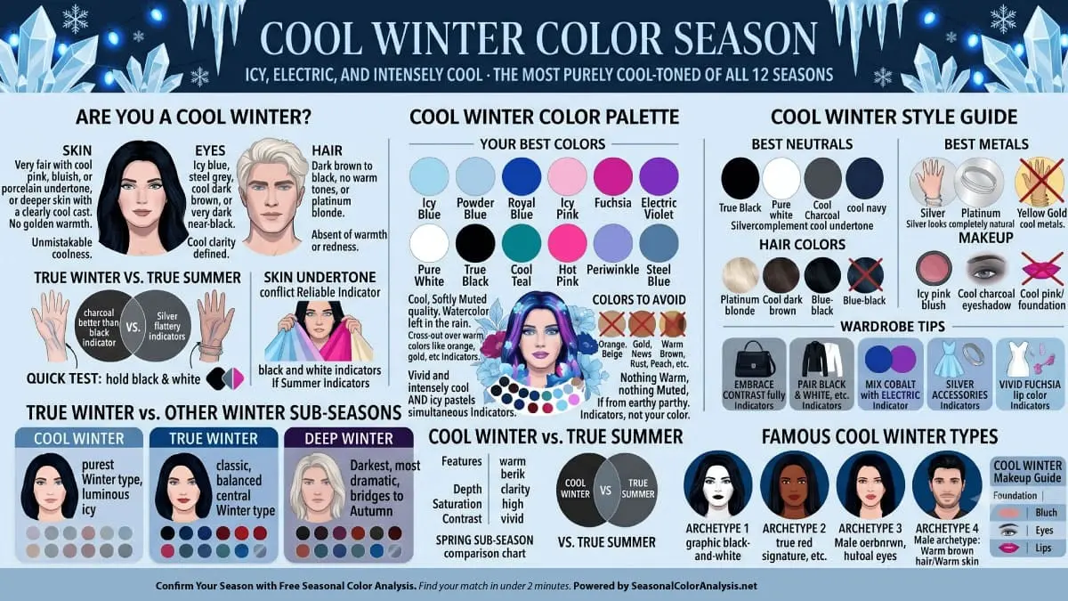 Cool Winter color season infographic showing cool pink or blue-cool skin undertones, dark cool hair, icy blue or dark cool eyes, the Cool Winter palette with icy blue, fuchsia, electric purple and pure white, and style guide with silver jewelry