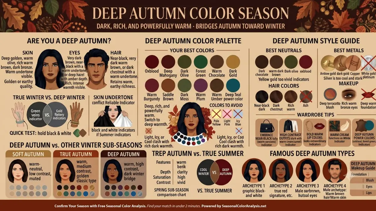 Deep Autumn color season infographic showing deep warm skin, very dark warm brown hair, intense dark hazel eyes, the Deep Autumn palette with oxblood, dark olive, deep mahogany and warm forest green, and style guide