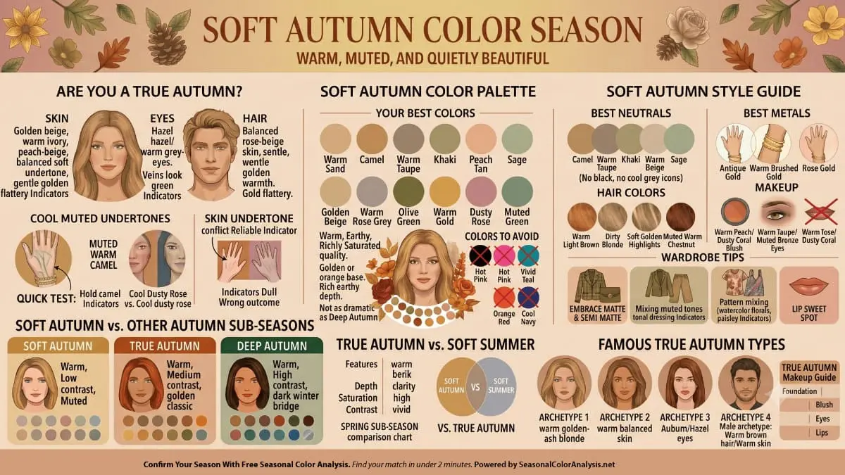 Soft Autumn color season infographic showing warm golden skin with soft undertones, warm light brown hair, soft hazel eyes, the muted Soft Autumn palette with camel, warm taupe, sage and dusty rose, and style guide with antique gold jewelry