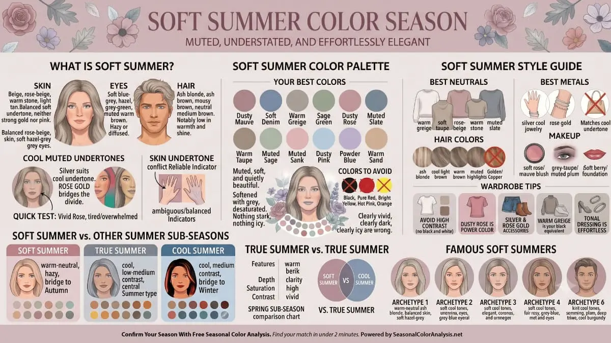 Soft Summer color season infographic showing the tone, colors and style guide with gold jewelry and makeup for those who identified their season color as Soft Summer