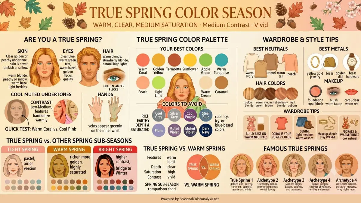 True Spring color season infographic guide featuring the best warm color palette, clothing neutrals, makeup tips, and colors to avoid.
