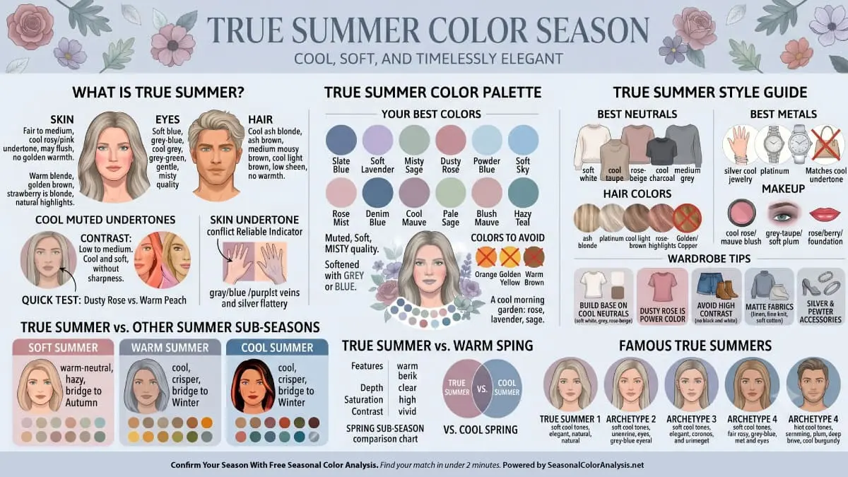 True Summer color season infographic showing the tone, colors and style guide with gold jewelry and makeup for those who identified their season color as True Summer