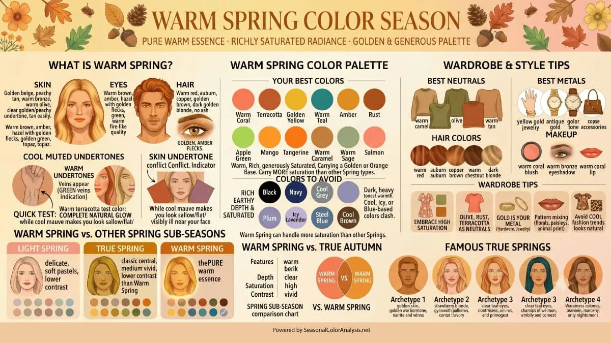 Warm Spring color season infographic showing golden warm skin, copper and auburn hair, amber eyes, the rich warm Spring color palette with terracotta, golden yellow and warm teal, and style guide with gold jewelry and warm coral makeup